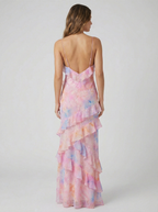 Women's Flowing Satin Floral Jacquard Maxi Dress with V-Neck