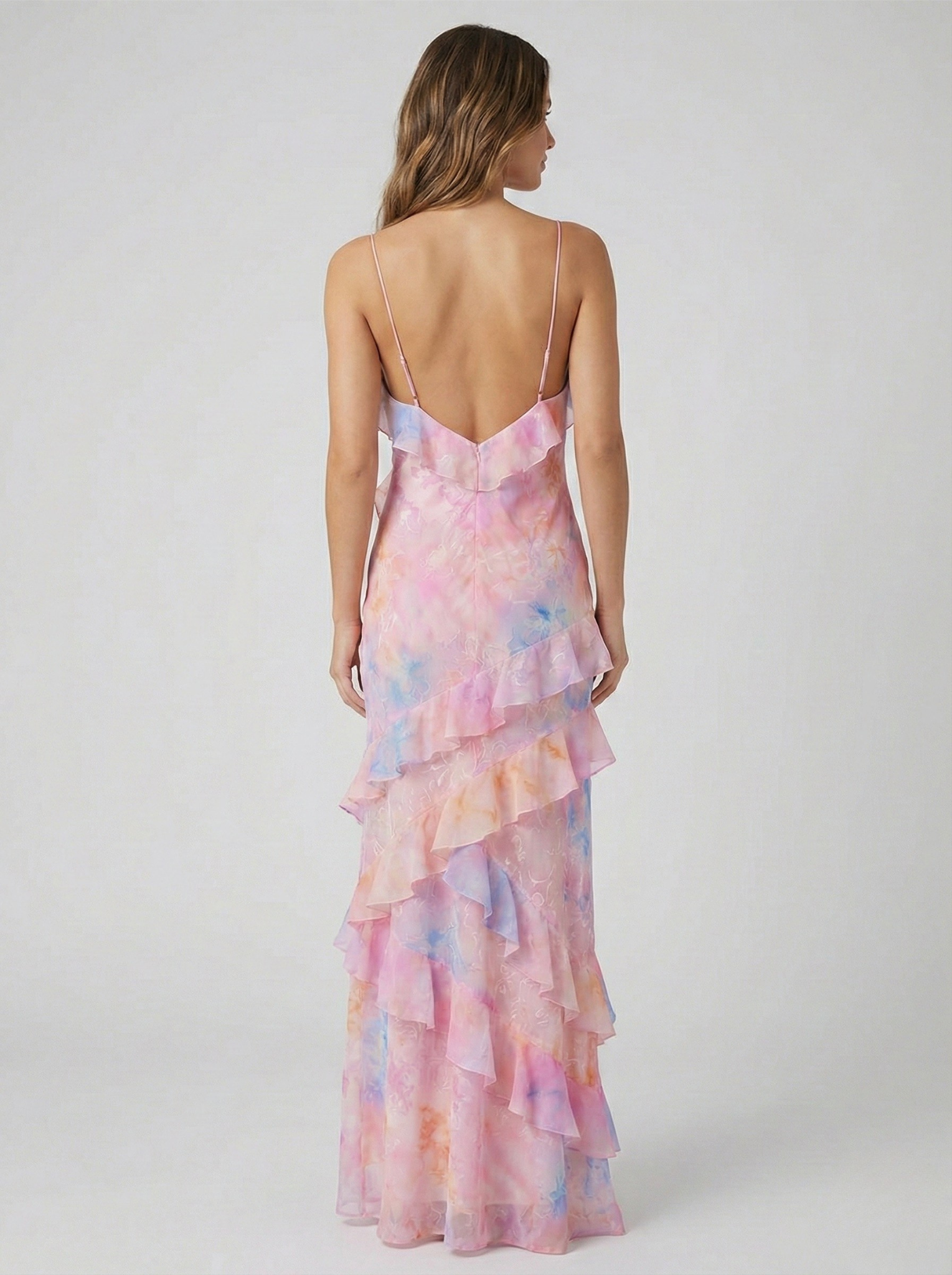 Women's Flowing Satin Floral Jacquard Maxi Dress with V-Neck