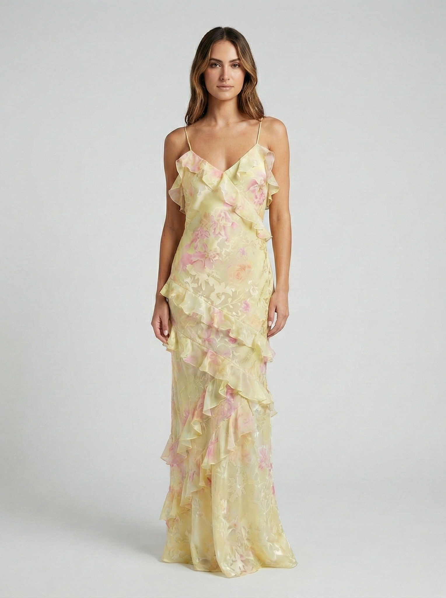 Women's Flowing Satin Floral Jacquard Maxi Dress with V-Neck