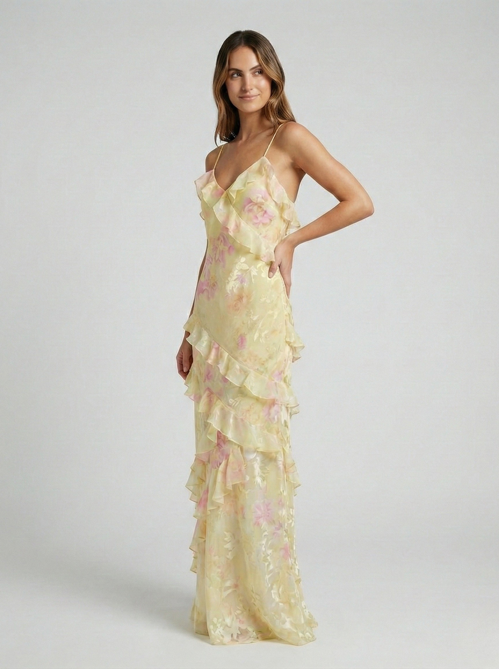 Women's Flowing Satin Floral Jacquard Maxi Dress with V-Neck