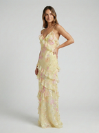Women's Flowing Satin Floral Jacquard Maxi Dress with V-Neck
