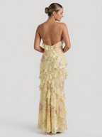 Women's Flowing Satin Floral Jacquard Maxi Dress with V-Neck