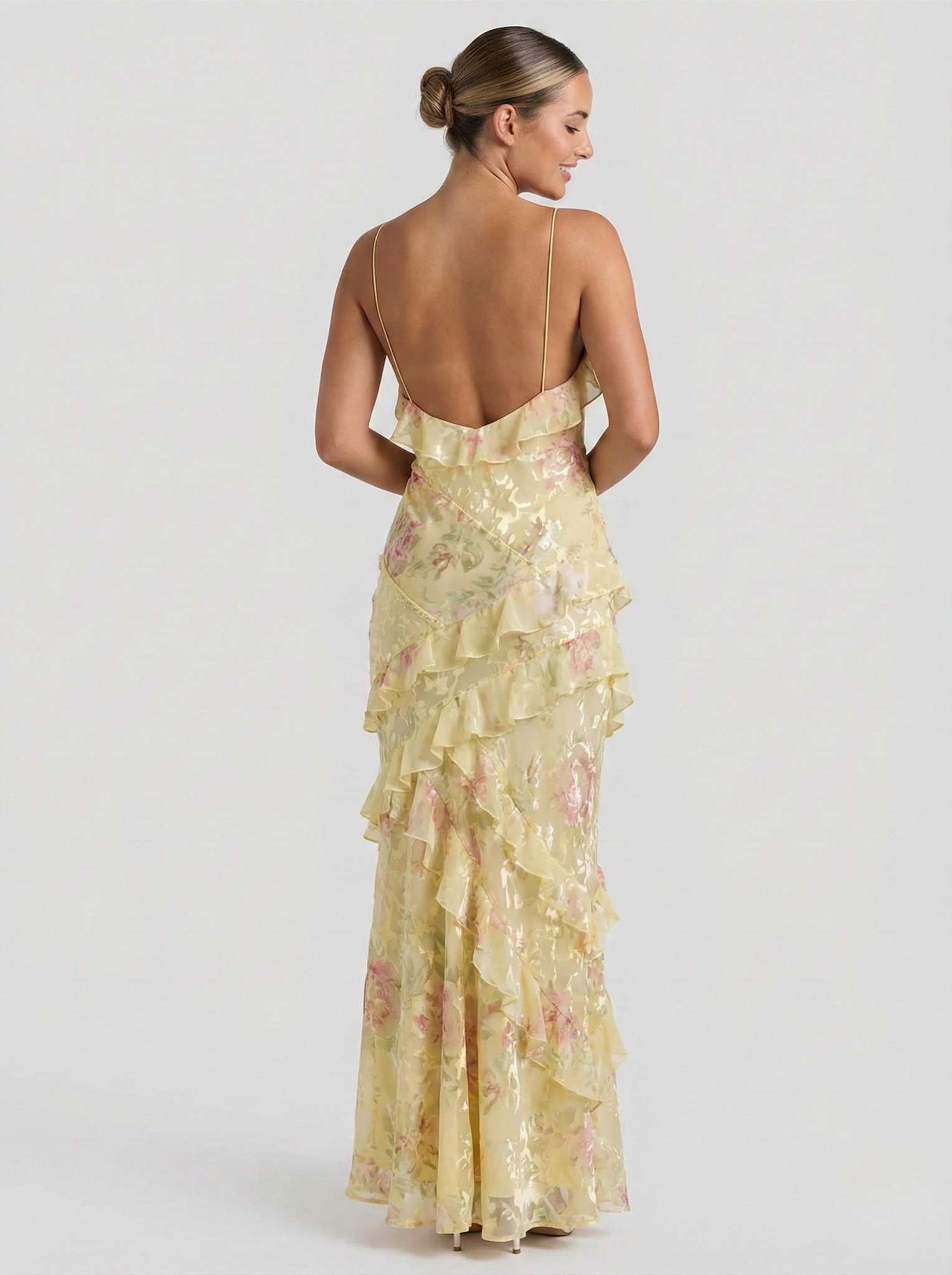 Women's Flowing Satin Floral Jacquard Maxi Dress with V-Neck