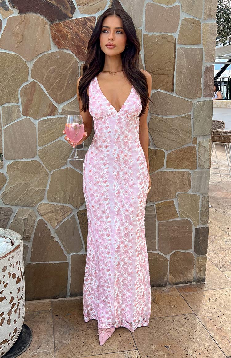 Pink Lace Maxi Dress with Deep V-Neck