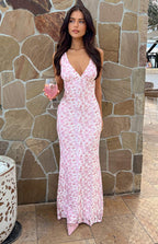 Pink Lace Maxi Dress with Deep V-Neck
