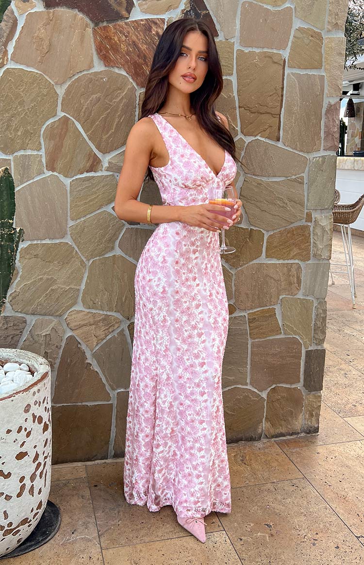 Pink Lace Maxi Dress with Deep V-Neck