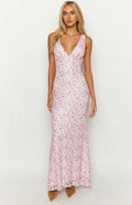 Pink Lace Maxi Dress with Deep V-Neck
