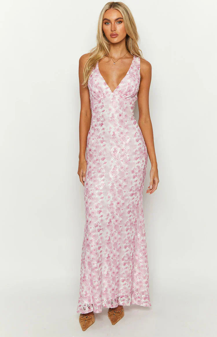 Pink Lace Maxi Dress with Deep V-Neck