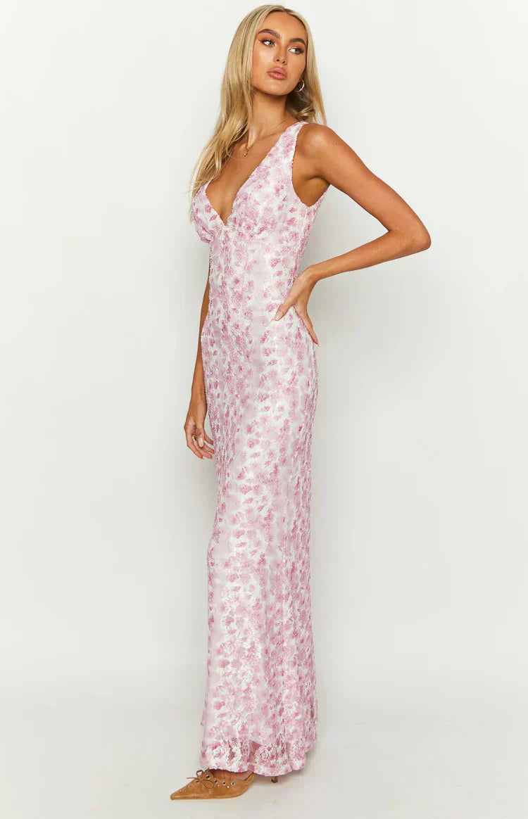 Pink Lace Maxi Dress with Deep V-Neck