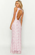 Pink Lace Maxi Dress with Deep V-Neck