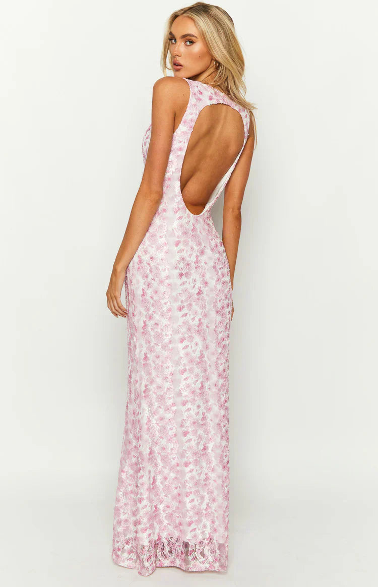 Pink Lace Maxi Dress with Deep V-Neck