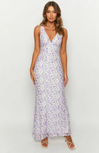 Purple Lace Maxi Dress with Deep V-Neck