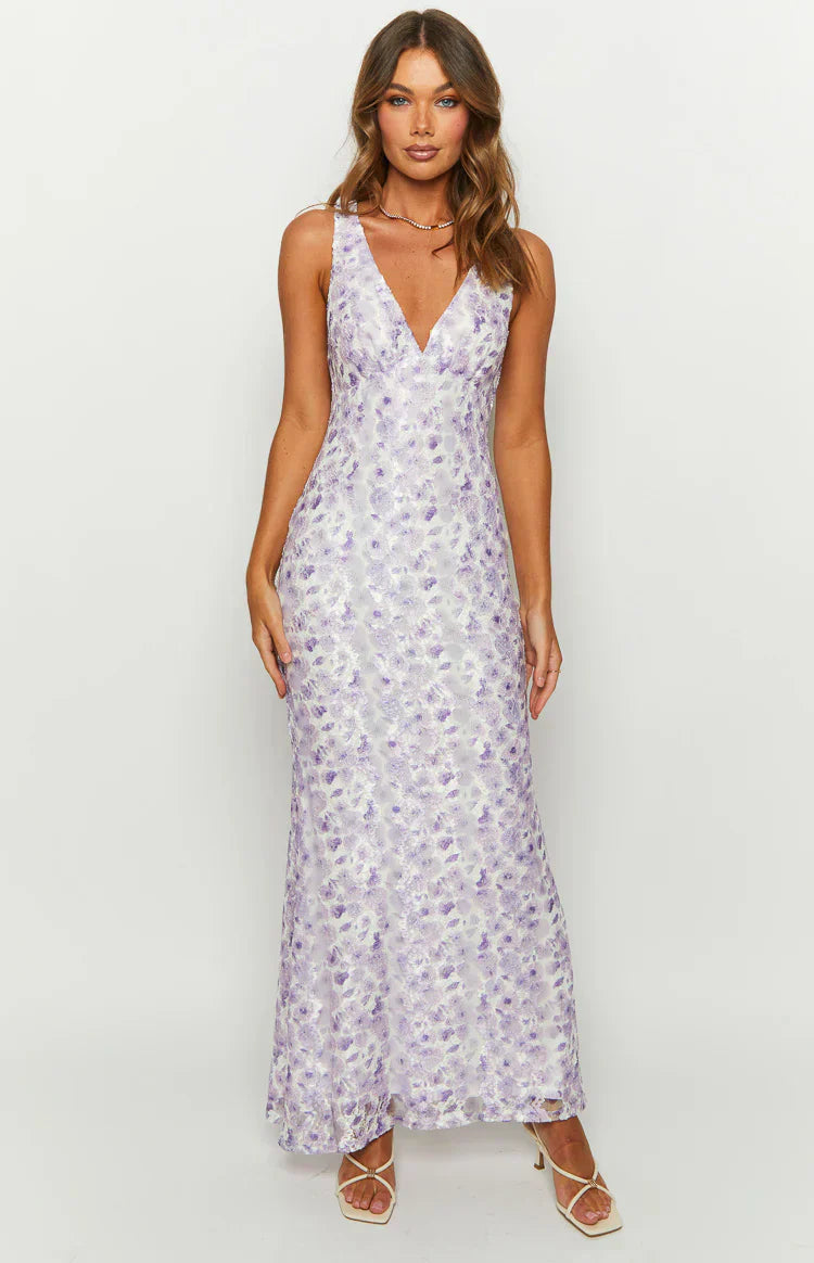 Purple Lace Maxi Dress with Deep V-Neck