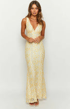 Yellow Lace Maxi Dress with Deep V-Neck