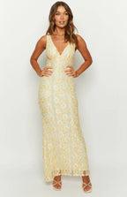 Yellow Lace Maxi Dress with Deep V-Neck