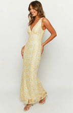 Yellow Lace Maxi Dress with Deep V-Neck