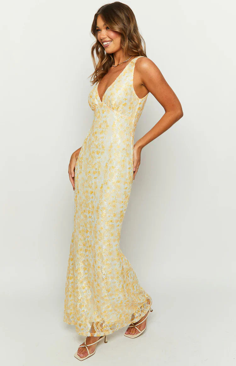 Yellow Lace Maxi Dress with Deep V-Neck