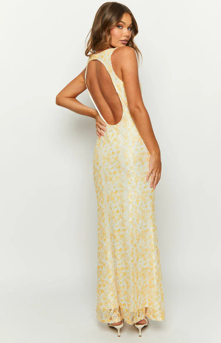 Yellow Lace Maxi Dress with Deep V-Neck