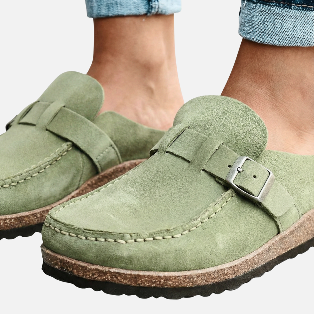Women's Faux Suede Mule Loafers with Buckle Strap