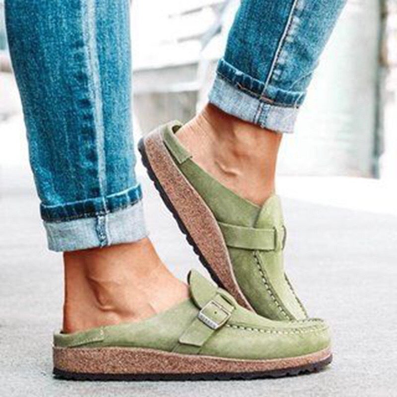 Women's Faux Suede Mule Loafers with Buckle Strap