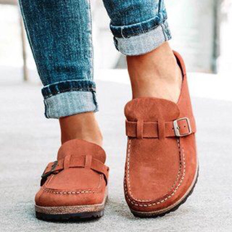 Women's Faux Suede Mule Loafers with Buckle Strap