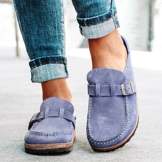 Women's Faux Suede Mule Loafers with Buckle Strap