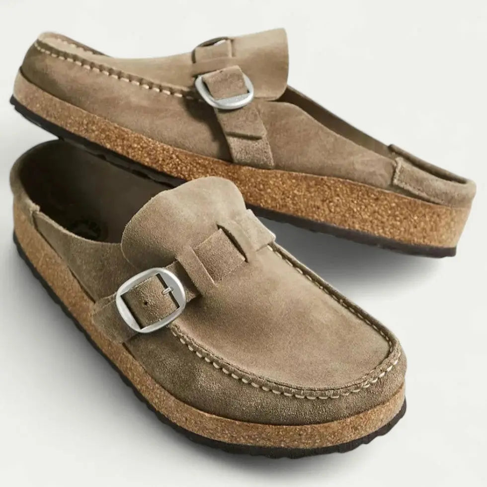 Women's Faux Suede Mule Loafers with Buckle Strap