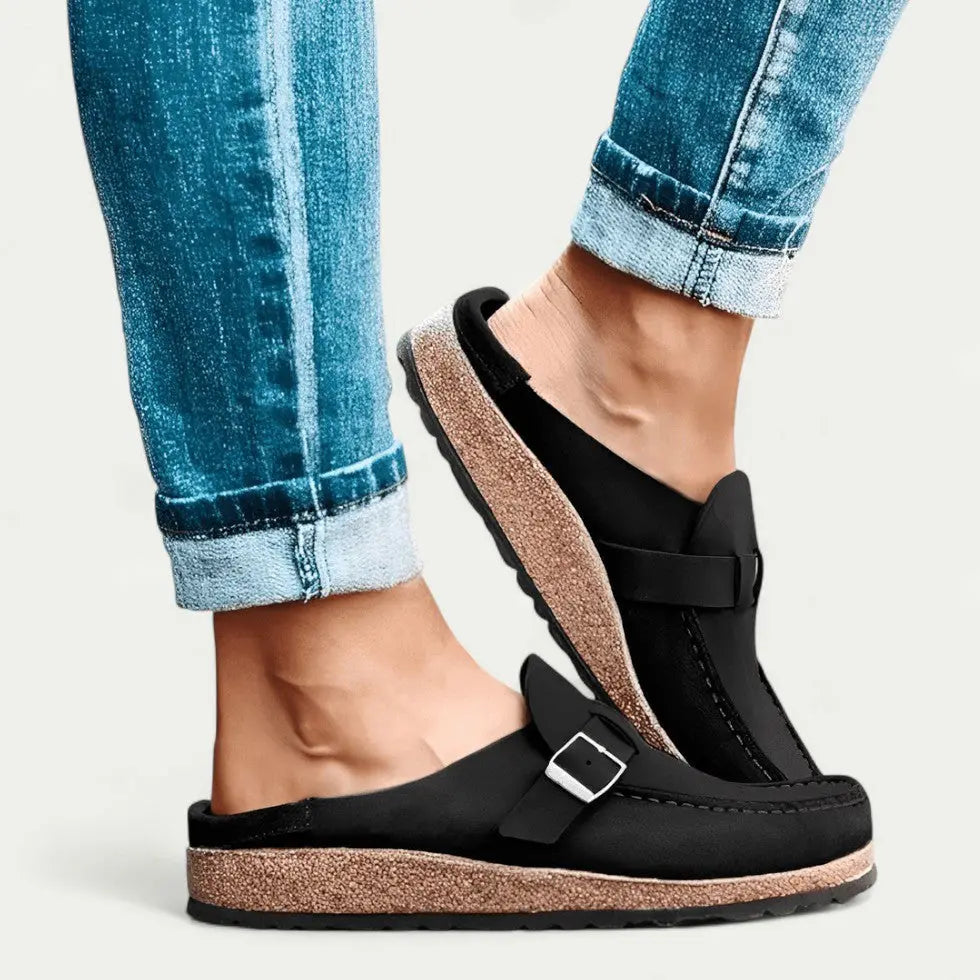 Women's Faux Suede Mule Loafers with Buckle Strap