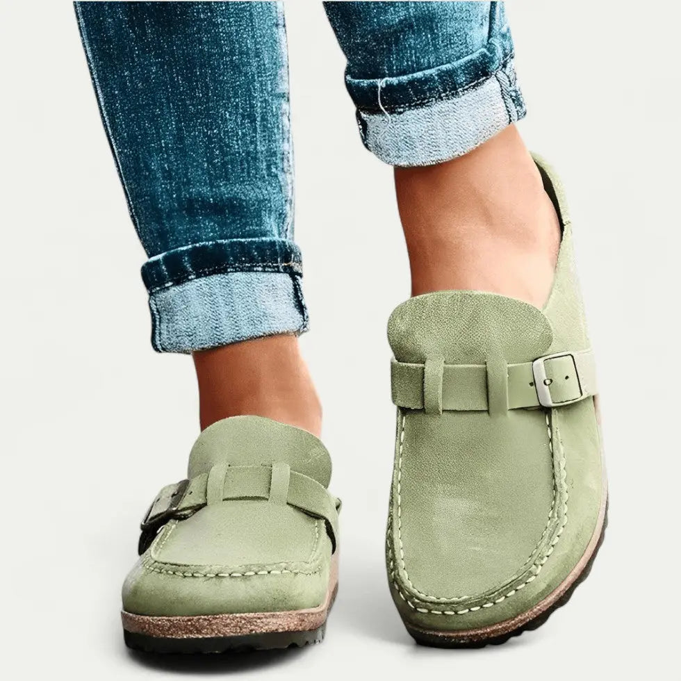 Women's Faux Suede Mule Loafers with Buckle Strap