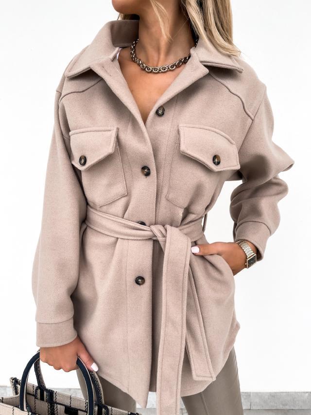 Women's Felt Shirt-Collar Jacket with Tie Belt