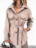 Women's Felt Shirt-Collar Jacket with Tie Belt
