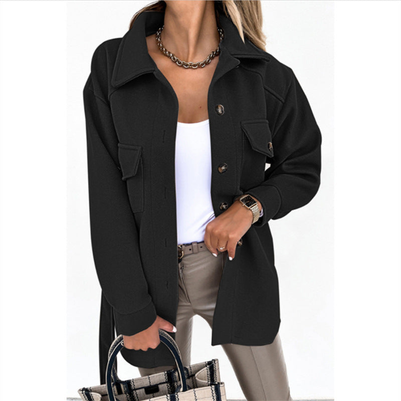 Women's Felt Shirt-Collar Jacket with Tie Belt