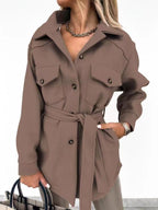 Women's Felt Shirt-Collar Jacket with Tie Belt