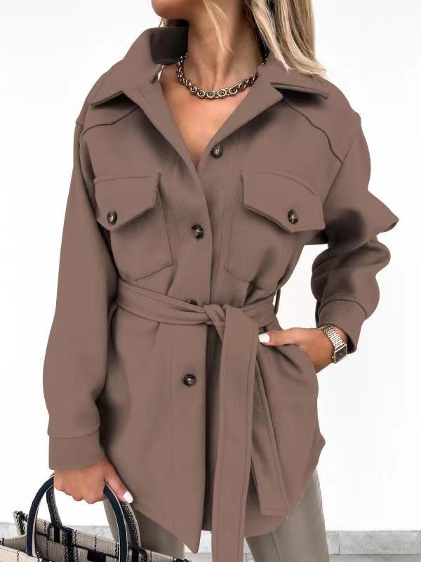 Women's Felt Shirt-Collar Jacket with Tie Belt