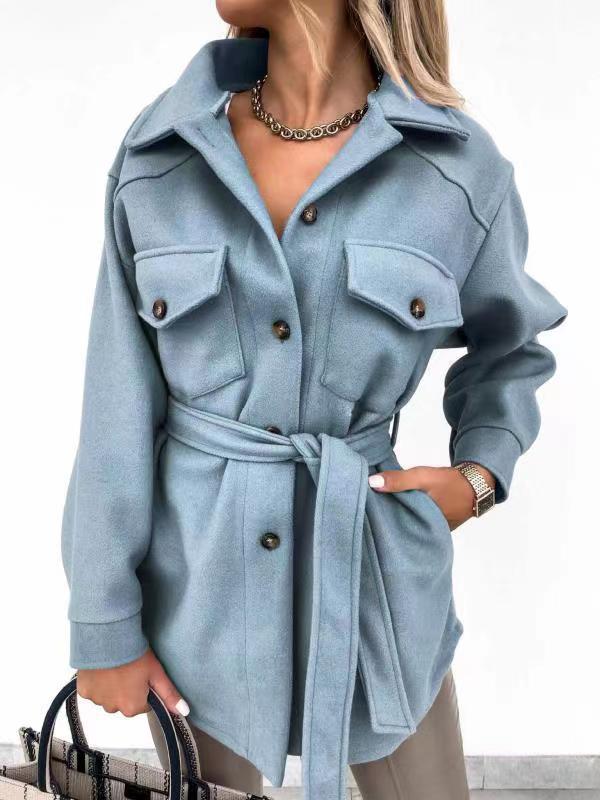 Women's Felt Shirt-Collar Jacket with Tie Belt