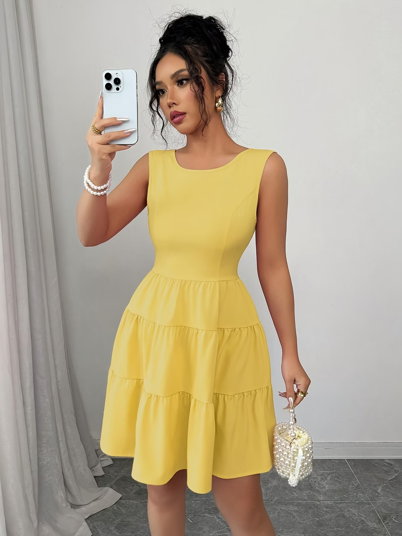 Women's Butter Yellow Fit-and-Flare Mini Dress with Tiered Skirt