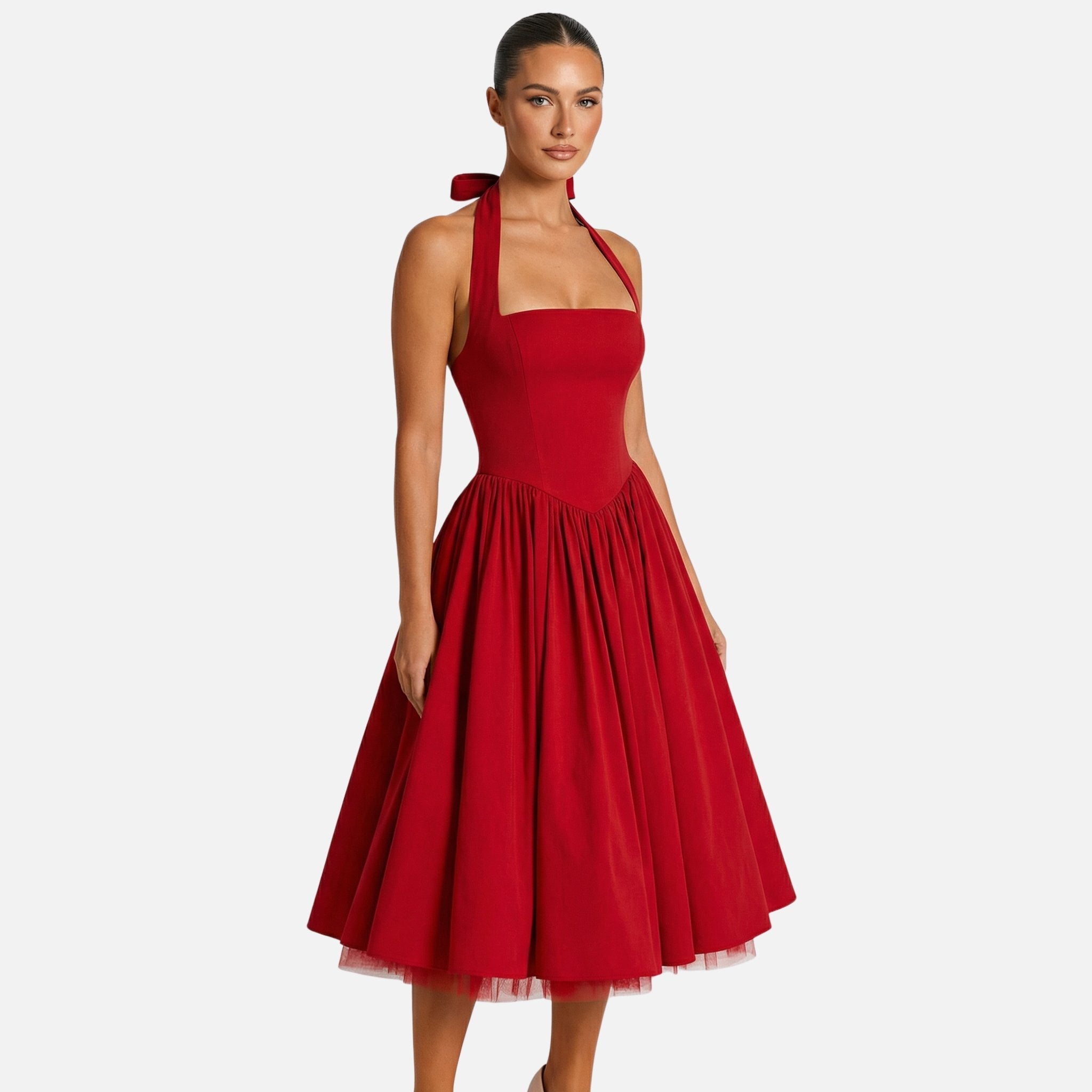 Women's Fit and Flare Midi Dress with Halter Neck