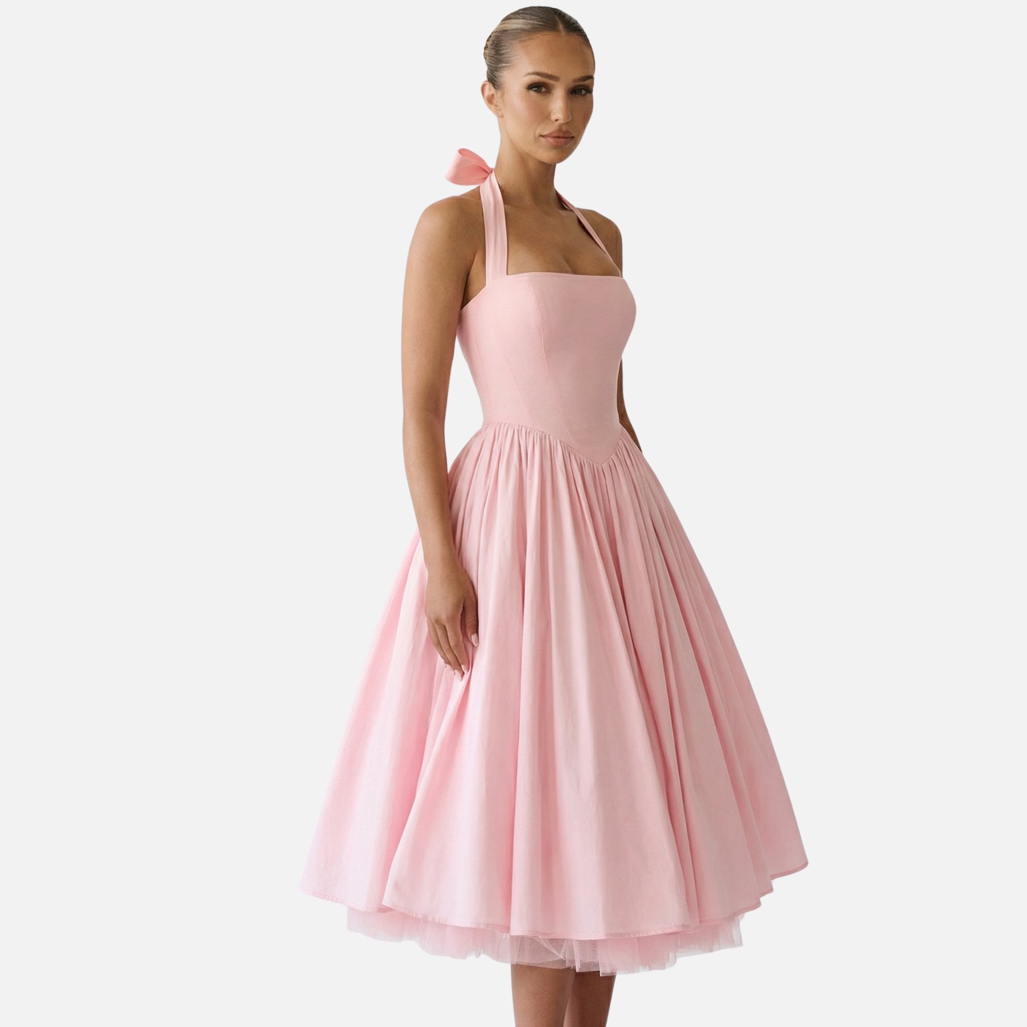 Women's Fit and Flare Midi Dress with Halter Neck