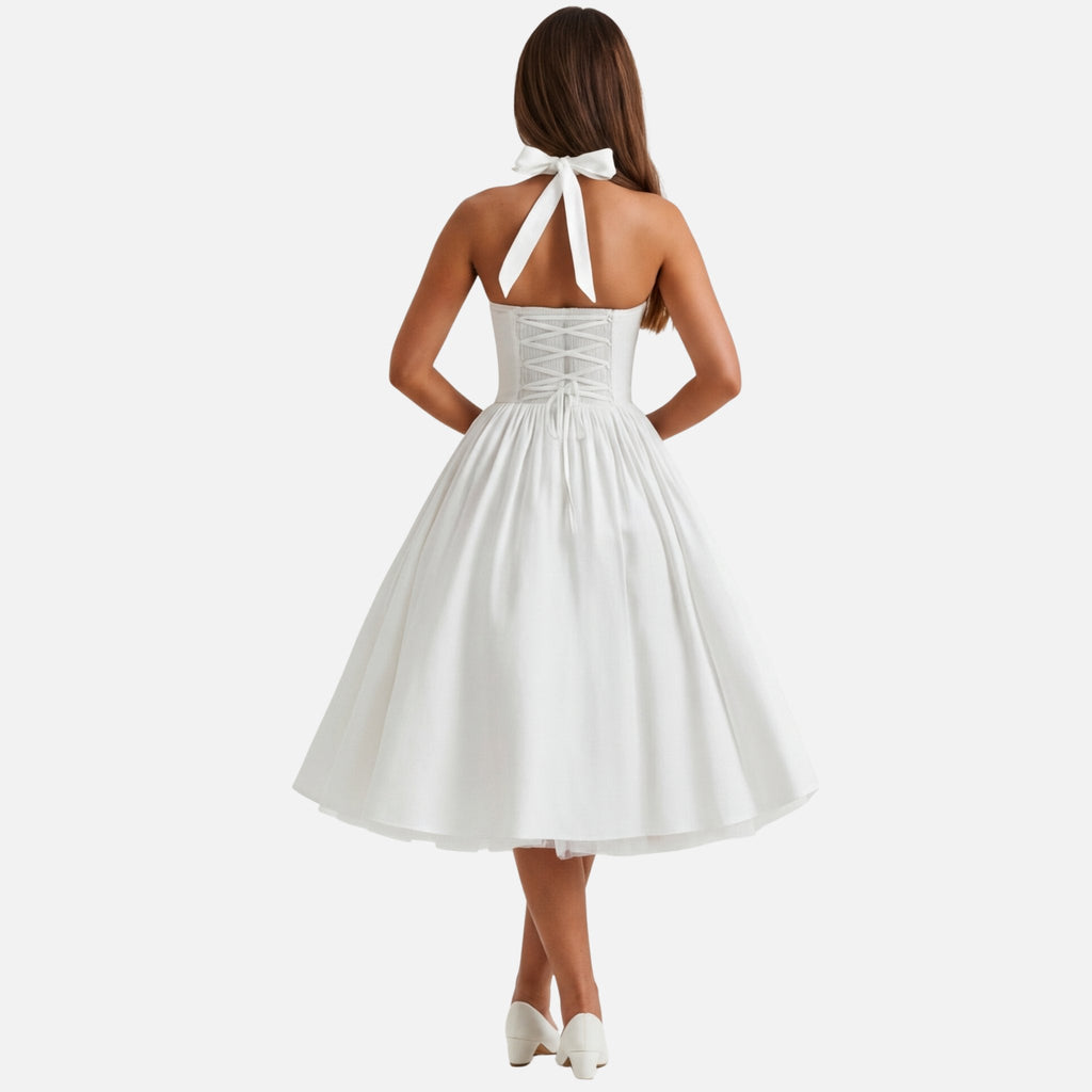 Women's Fit and Flare Midi Dress with Halter Neck