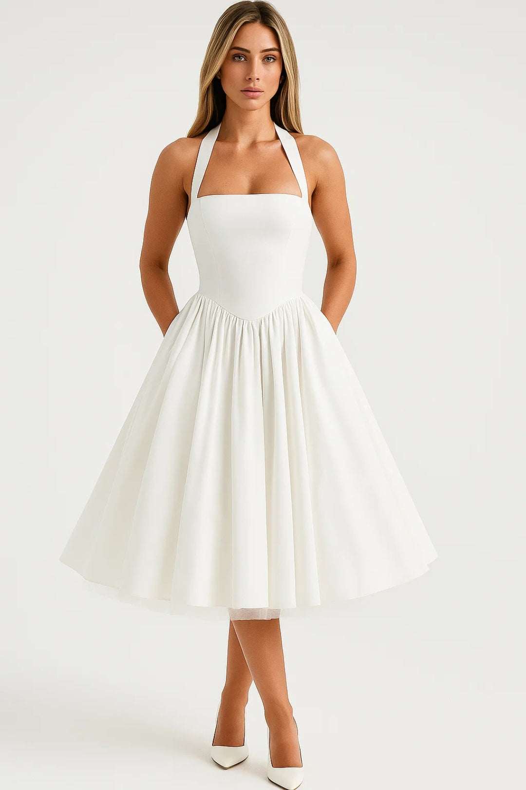Women's Fit and Flare Midi Dress with Halter Neck