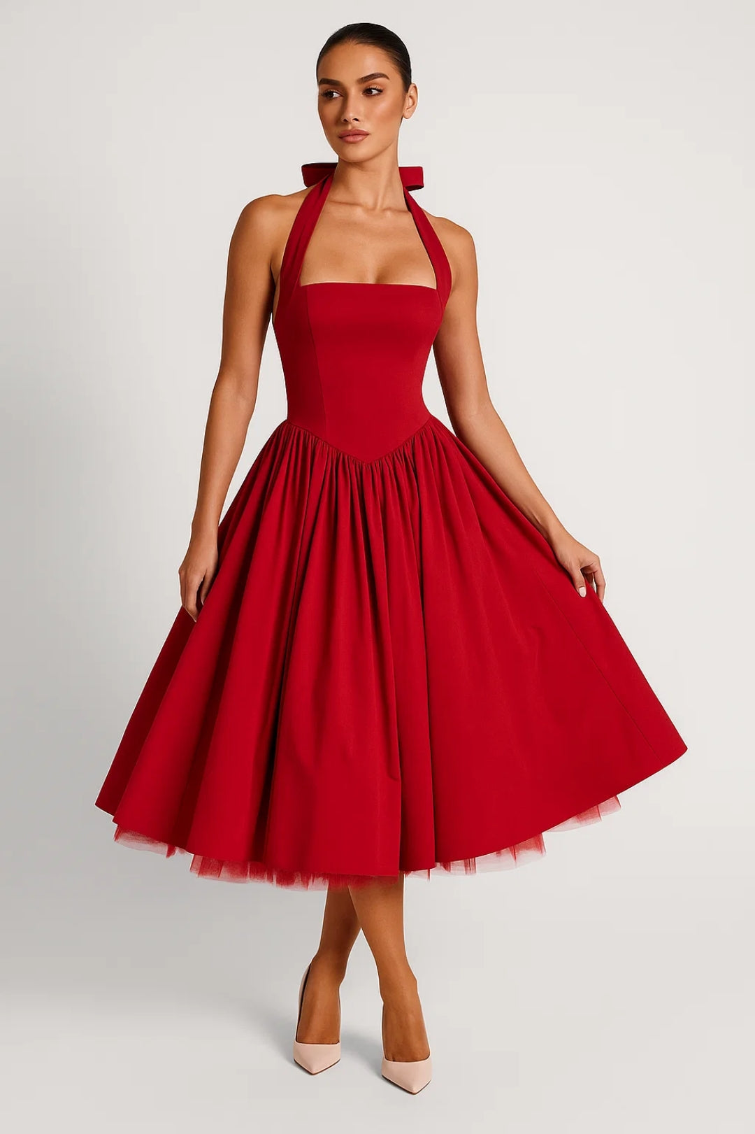 Women's Fit and Flare Midi Dress with Halter Neck