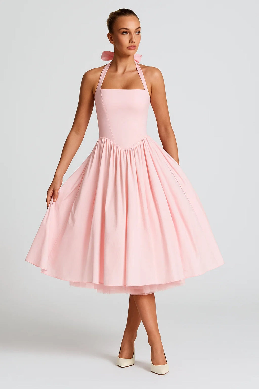 Women's Fit and Flare Midi Dress with Halter Neck