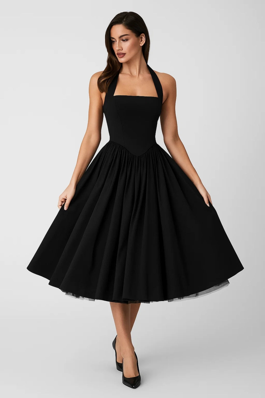 Women's Fit and Flare Midi Dress with Halter Neck