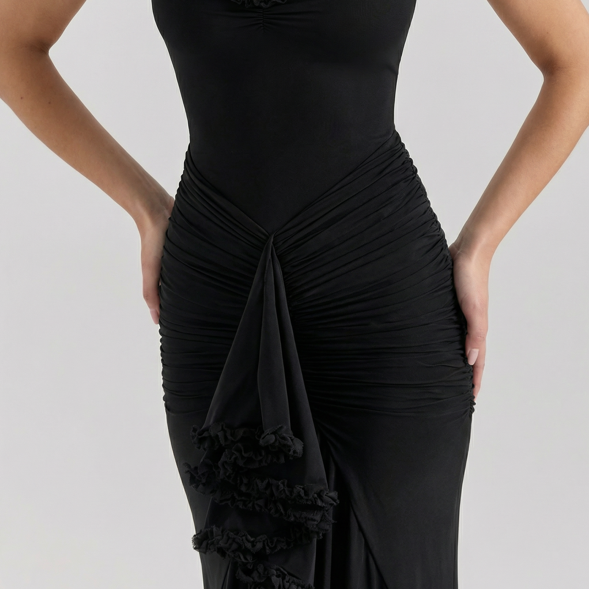 Women's Fitted Knit Maxi Dress with Ruched Mermaid Silhouette