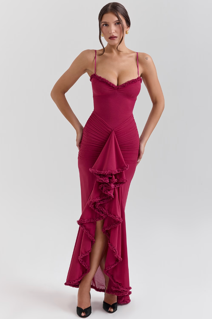 Women's Fitted Knit Maxi Dress with Ruched Mermaid Silhouette