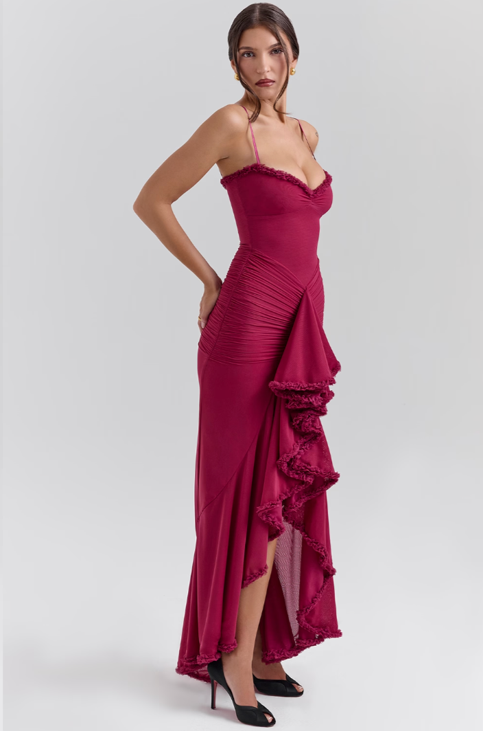 Women's Fitted Knit Maxi Dress with Ruched Mermaid Silhouette