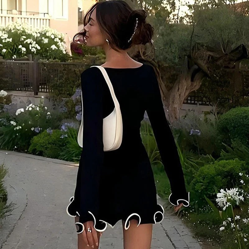 Women's Fitted Knit Mini Dress with Ruffled Cuffs