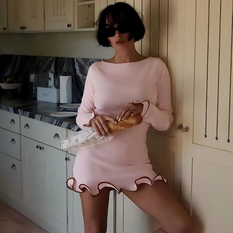 Women's Fitted Knit Mini Dress with Ruffled Cuffs