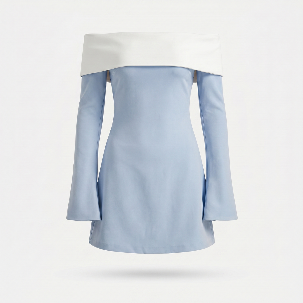 Women's Fitted Two-Tone Mini Dress with Off-Shoulder Neckline