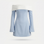 Women's Fitted Two-Tone Mini Dress with Off-Shoulder Neckline